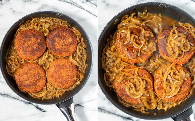 Two pictures in one in which the Hamburger Steaks are added back to the pan with the gravy and then topped with it.