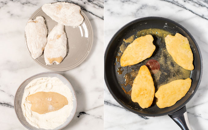 Double view on how first plant-based chicken is floured and then fried in a pan.
