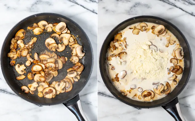 Side by side view of a pan in which first mushrooms are sauteed and then mixed with vegan cream and parmesan.