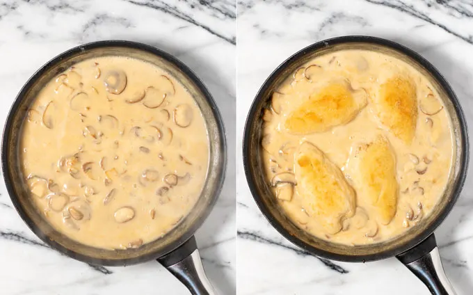 Two views of a pan with a the mushroom sauce and after the fried chicken is put in.