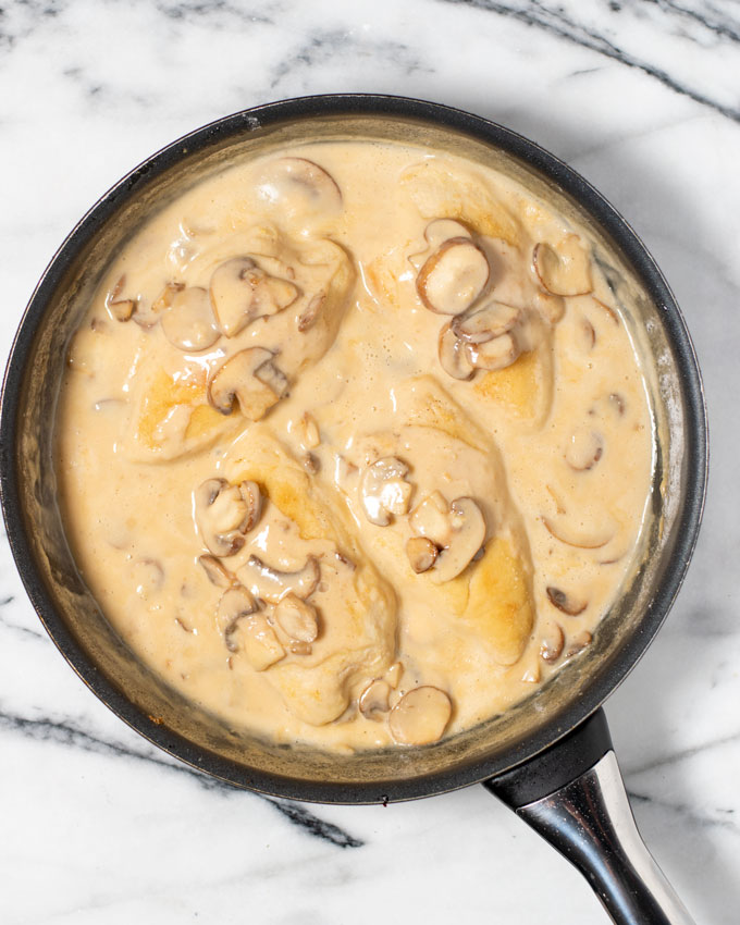 Mushroom Chick in a large pan.