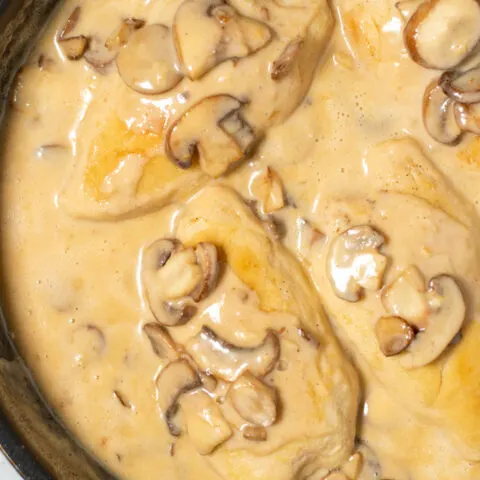 Closeup on Mushroom Chicken with creamy sauce.