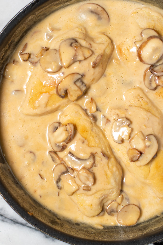 Closeup on Mushroom Chicken with creamy sauce.