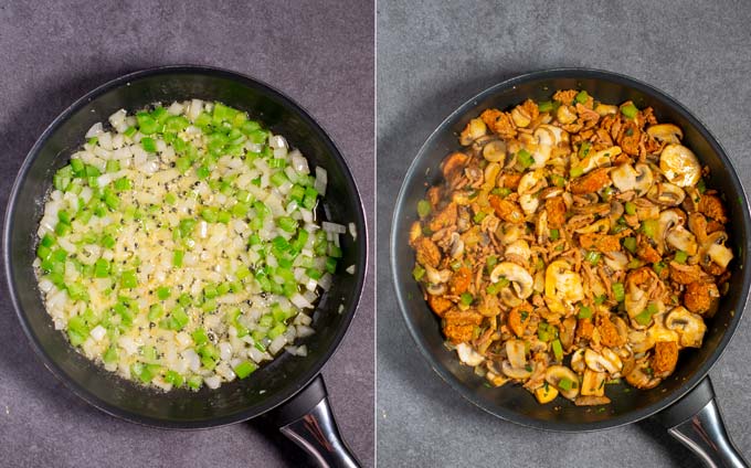 Side by side view of a pan in which (left) first onions and celery are fried, before (right) mushrooms, sausage and bacon are added.