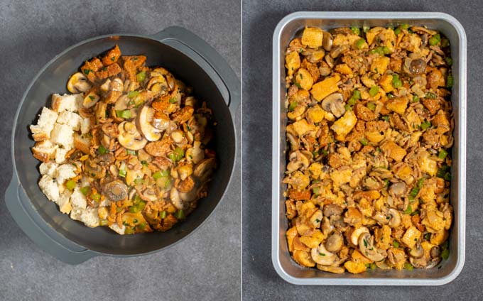 Two top views of how the Mushroom Stuffing is mixed in a large bowl and then transferred to a baking dish.