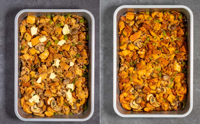 Side by side view of a baking side with Mushroom Stuffing before and after it is given into the oven to bake.