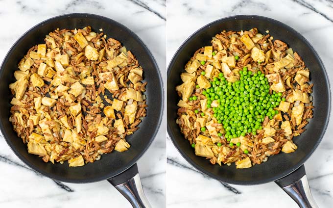 Side by side view of a pan with vegan chicken and bacon being fried, then peas being added.