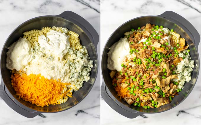 Side by side view of a large mixing bowl with the pasta and cause ingredients, then the contents from the pan is added.