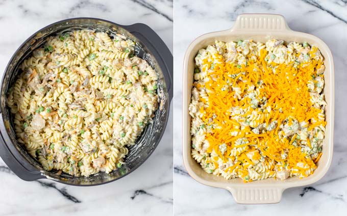 Left photo is a mixing bowl with the fully mixed ingredients, right photo shows the Pasta Bake transferred to a baking dish and sprinkled with cheese.