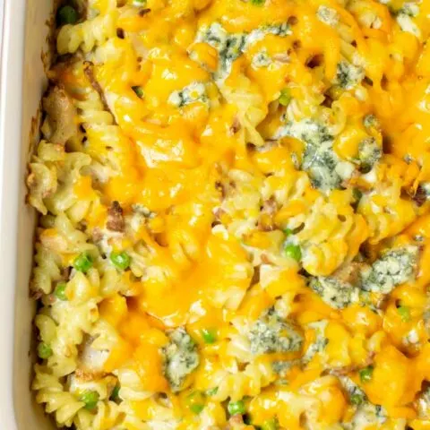 Closeup on the Pasta Bake in the baking dish.