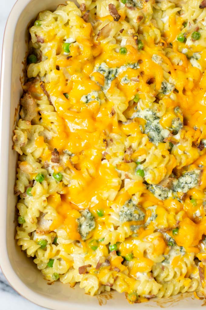 Closeup on the Pasta Bake in the baking dish.