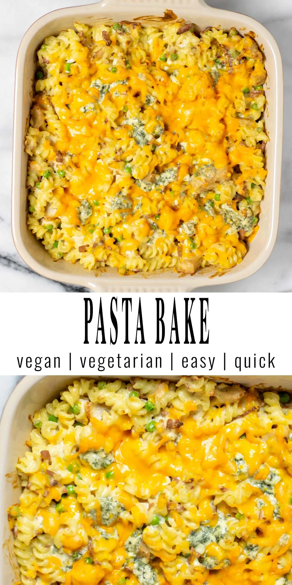 Collage of two pictures of the Pasta Bake with recipe title text.