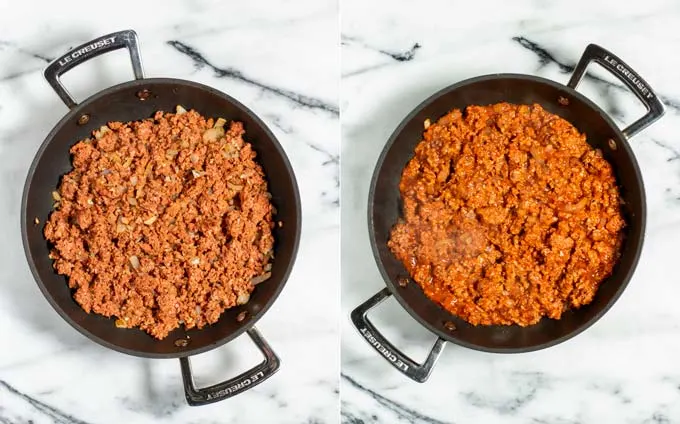 Side by side view of how the vegan ground beef Pizza sauce is prepared in a pan.