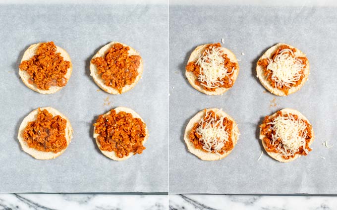 Combined top view on a baking sheet with parchment paper, showing how first the meat sauce is given on the open hamburger buns and how they are then topped with vegan cheese.