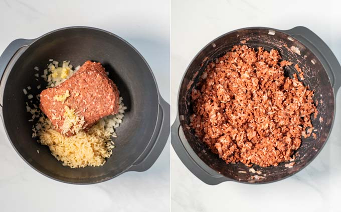 Twin view of a large mixing bowl, in which the vegan ground beef is mixed with precooked rice.