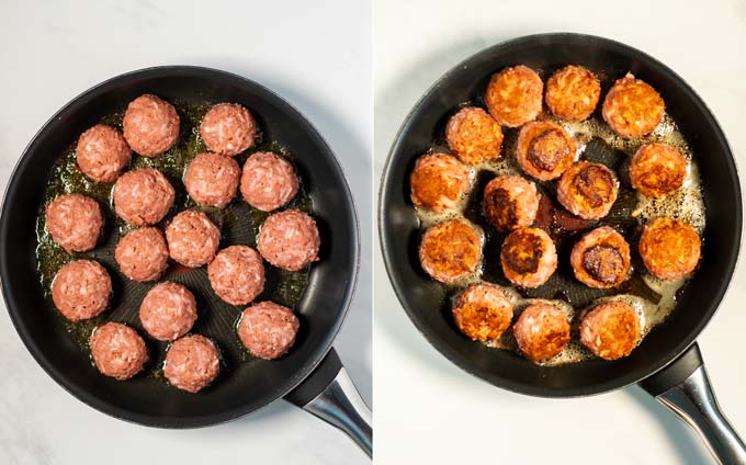 Side by side view showing an pan in which Porcupine Meatballs are fried.