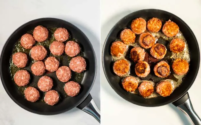 Side by side view showing an pan in which Porcupine Meatballs are fried.