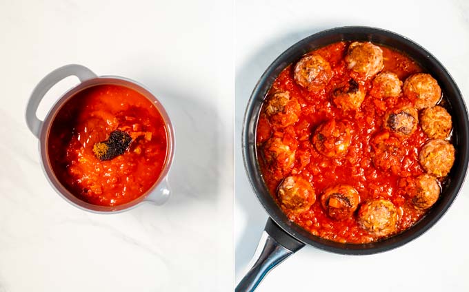 Two pictures: left shows the tomato sauce being prepared in a small mixing bowl. Right: tomato sauce is given into the frying pan.