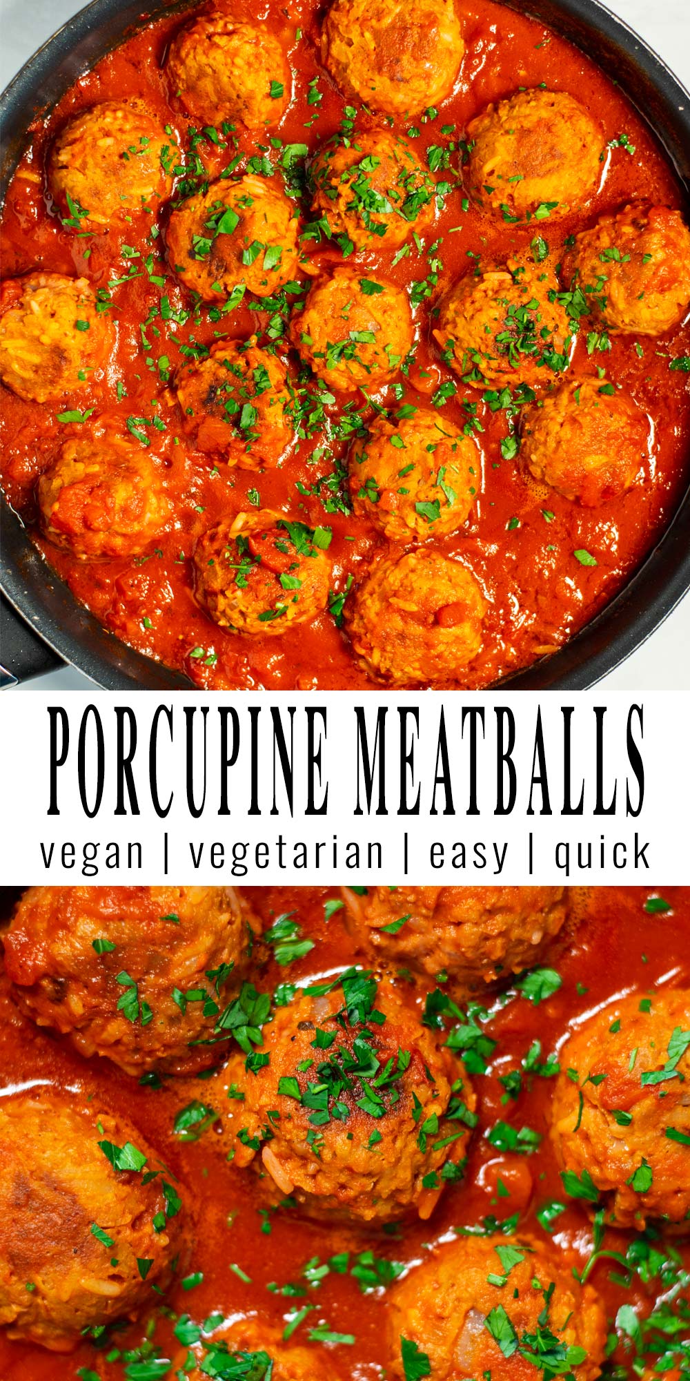 Collage of two pictures of Porcupine Meatballs with recipe title text.