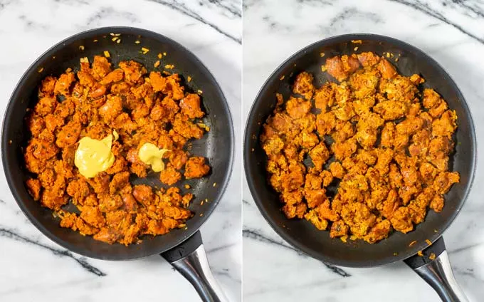 Side by side view of a pan with sausage bits being profited and mixed with mustard.