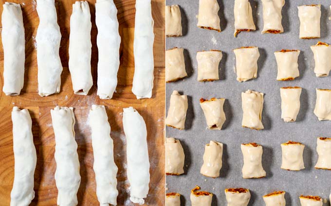 Double view of rolled up pff pastry with filling before and after cutting into bits, then arranged on a baking sheet.