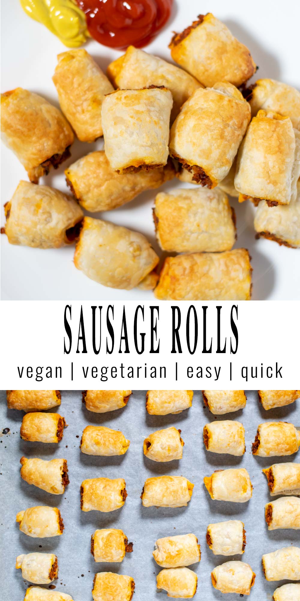 Collage of two pictures of Sausage Rolls with recipe title text.