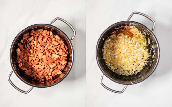 Side by side view of a large pot showing how first vegan chicken and bacon are fried, then diced onions.