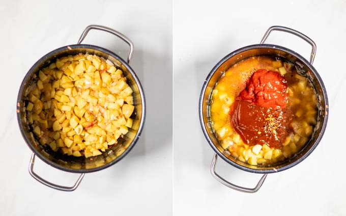 Double view showing how diced potatoes are added to the onions in the pot, then broth, BBQ sauce, and spices.