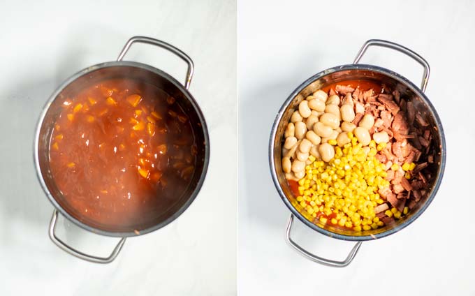 Side by side view of the Brunswick Stew before and after beans, corn, and the pre-fried chicken and bacon are added back.