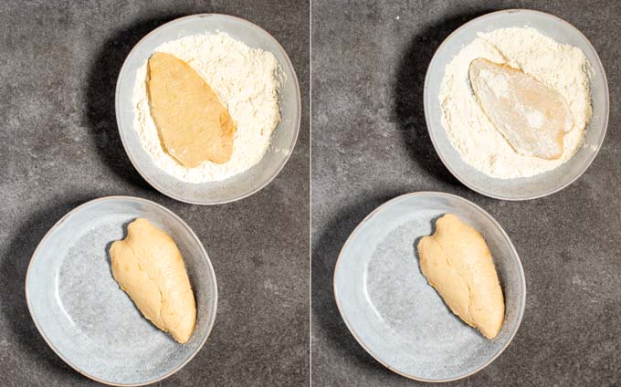 Two step-by-step photos showing how vegan chicken is floured.