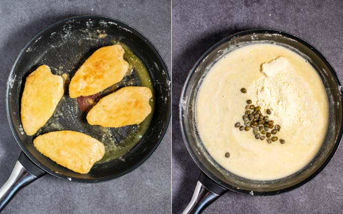 Side by side view of a pan with fried chicken and then the base ingredients of the creamy sauce.