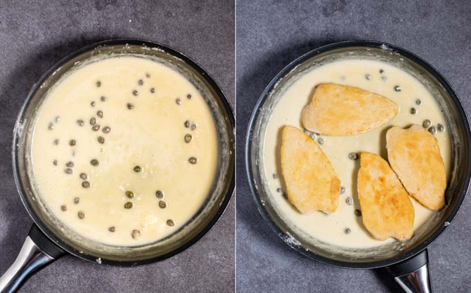 Double view of a pan with the creamy sauce with capers and after fried chicken breasts are added back to the pan.