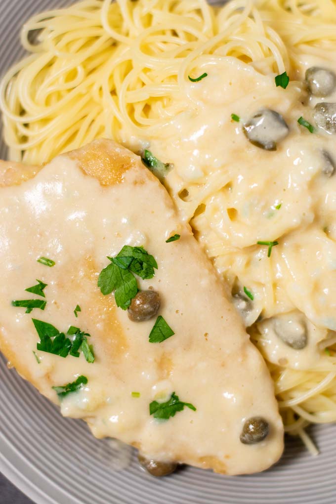 Closeup on the Chicken Piccata serving.