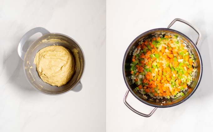 Side by side view of a bowl with the dumpling dough and a large pot in which the vegetables are fried.