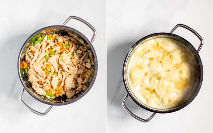 Side by side view of a pot in which vegan chicken is added to the vegetables and after broth and dumplings have been added.