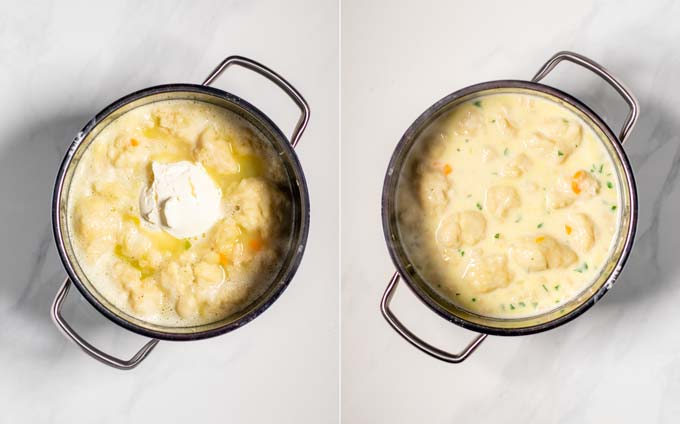 Side by side view of hoe vegan cream cheese is added to the Chicken and Dumplings, and how the final result looks like.