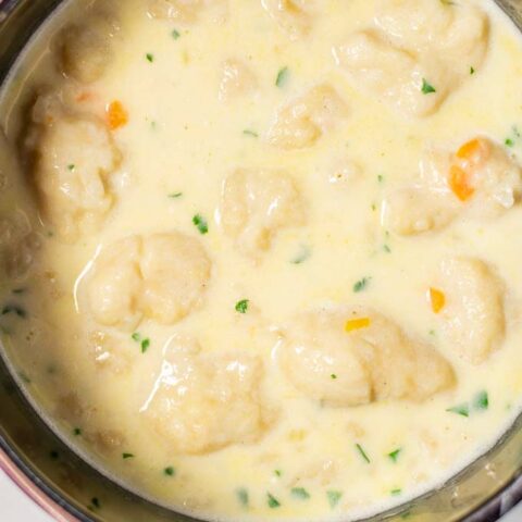 Closeup on the Chicken and Dumplings in the pot.