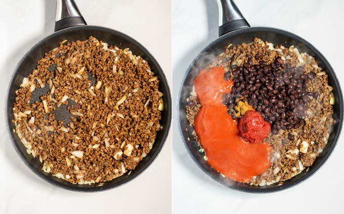 Side by side view of how the Chili is prepared in a pan.