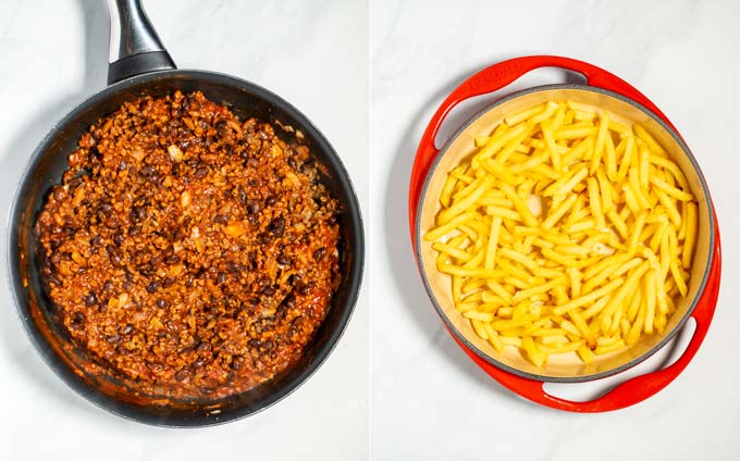 Side by side view of a frying pan with Chili and a casserole dish with pre-cooked fries.