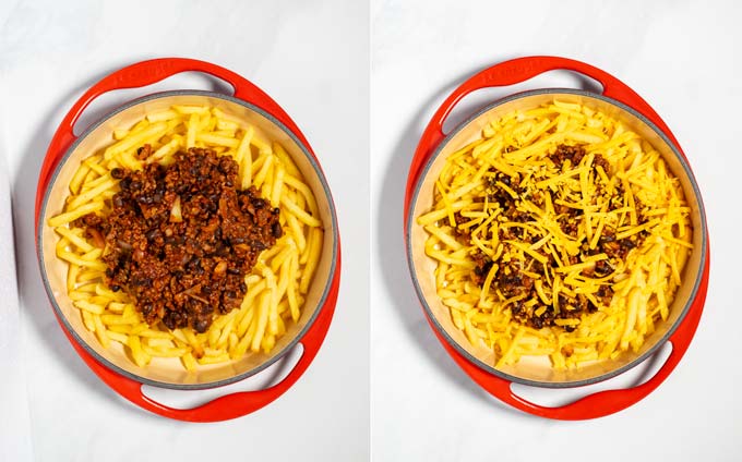 Step by step picture showing how the Chili Cheese Fries are layered in the casserole dish.