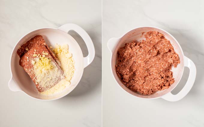 Side by side view of a mixing bowl in which the vegan ground beef is mixed with spices and vegan parmesan.