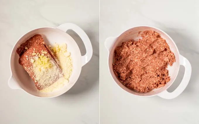 Side by side view of a mixing bowl in which the vegan ground beef is mixed with spices and vegan parmesan.