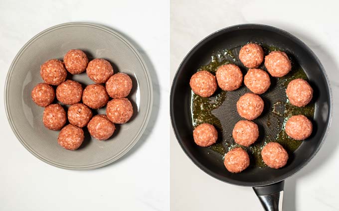 Side by side view of rolled meatballs on a plate and given into a pan with hot oil.
