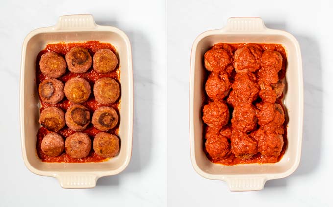 Double view of a baking dish with meatballs and tomato sauce being layered.