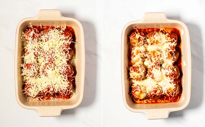 Side by side view of a baking dish with Meatball Bake before and after baking.