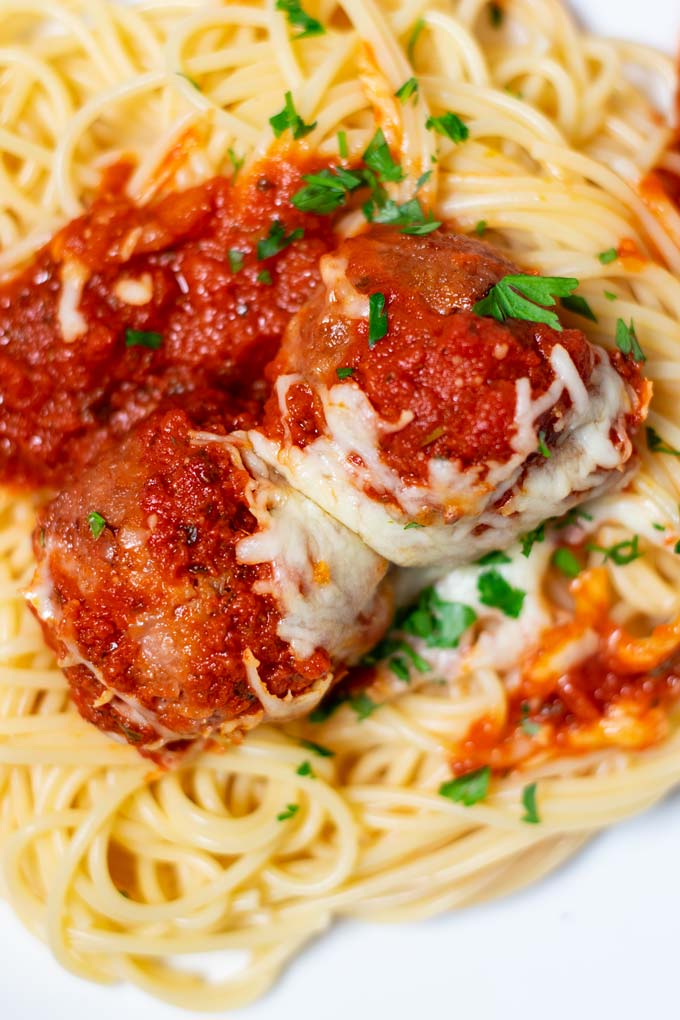 Closeup on Meatball Bake with pasta.