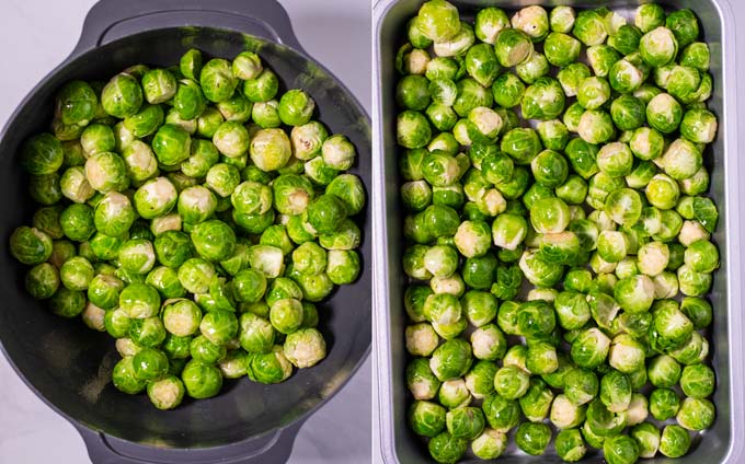 Side by side view of peeled Brussels Sprouts in a mixing bowl and a baking dish.