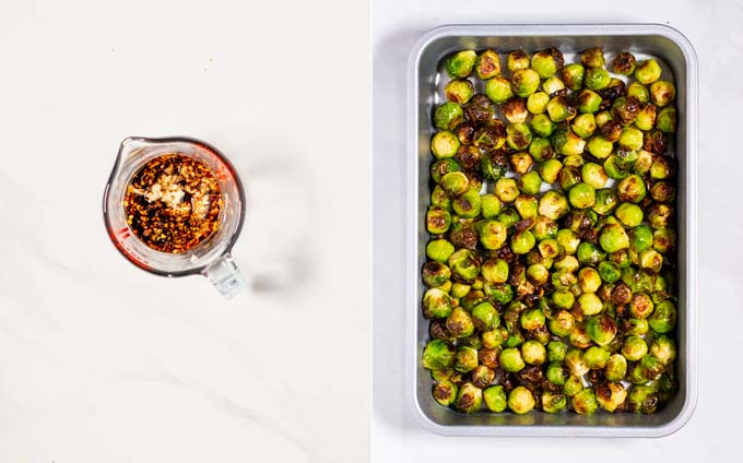 Side by side view of the glaze and roasted Brussels Sprouts.