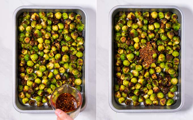 Step by step picture showing how glaze is given over Brussels Sprouts.