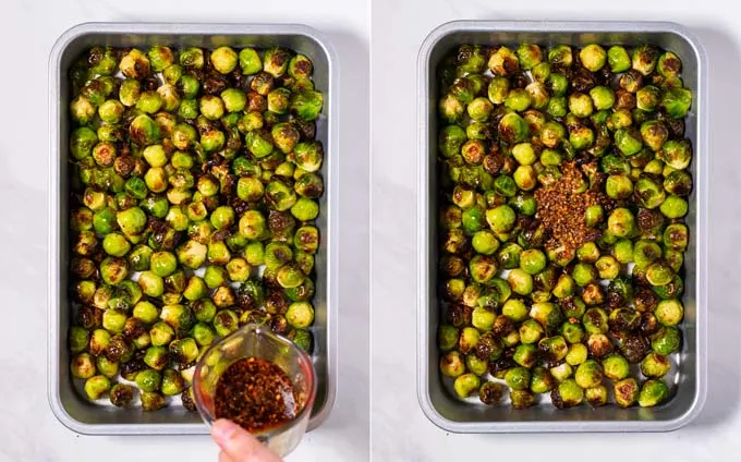 Step by step picture showing how glaze is given over Brussels Sprouts.